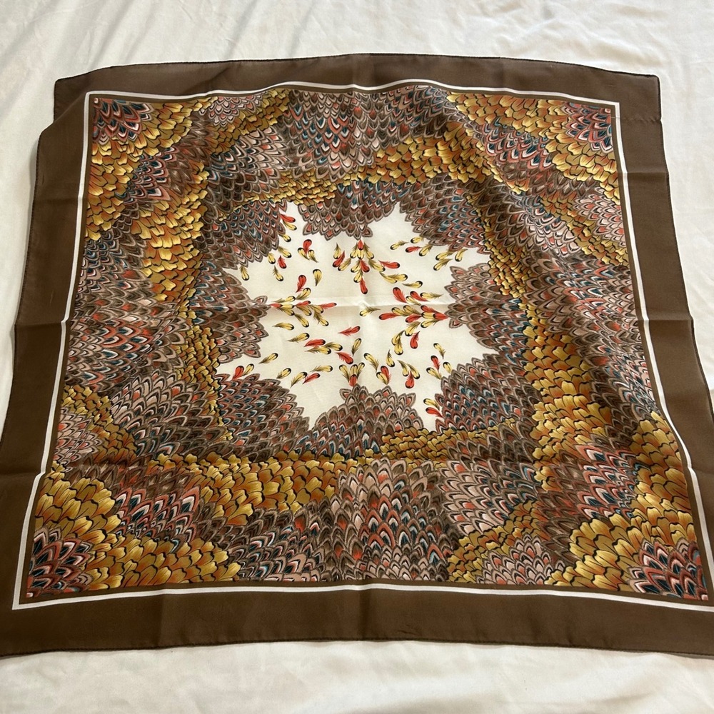 Vintage Brown Pheasant Feather Print Square Scarf Earthy Tones Hand Rolled Edge